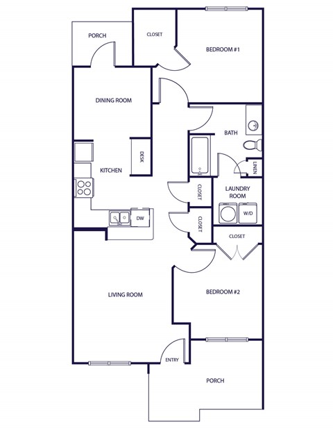 Floor plan for 2 beds, 1 bath, 998 sqft